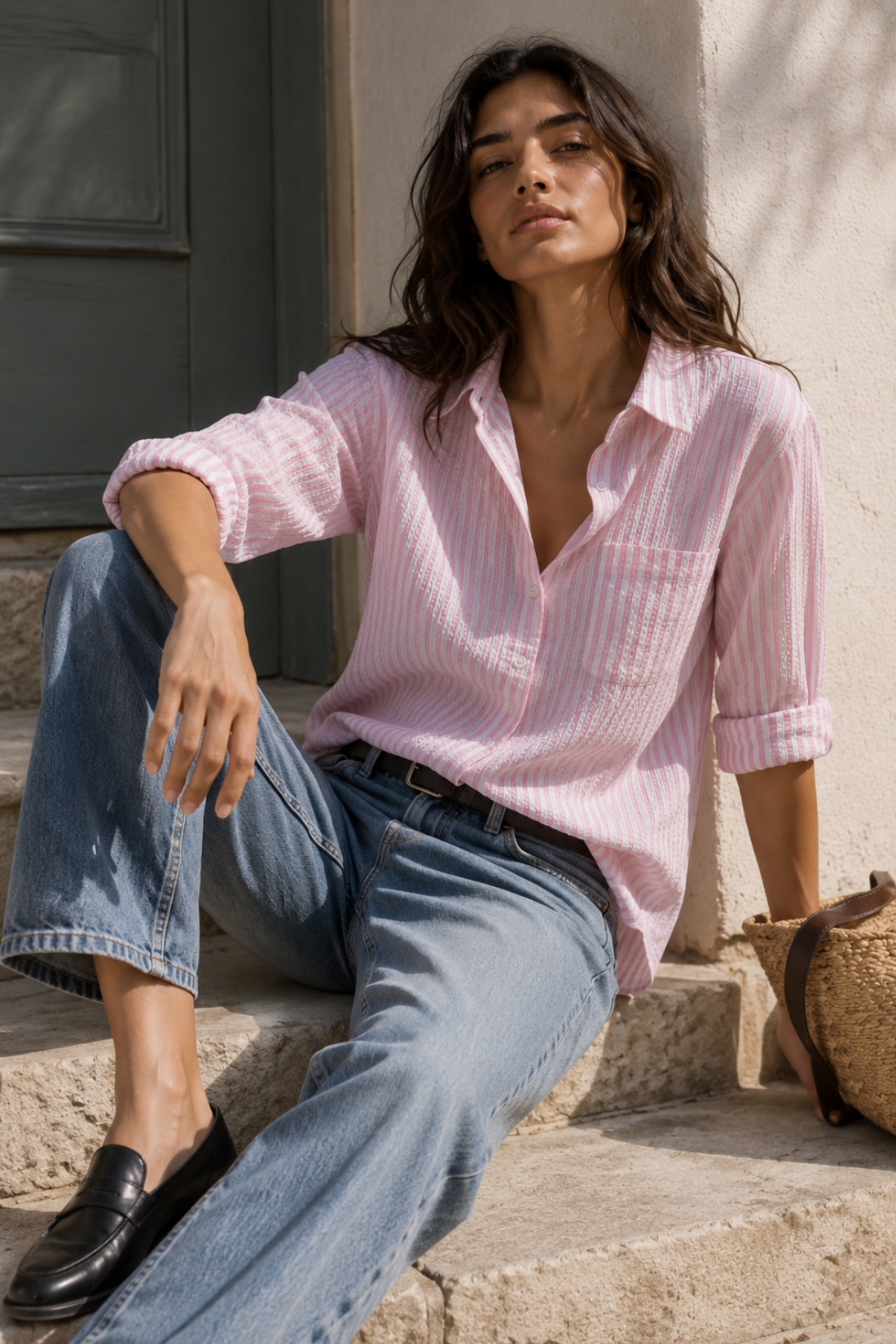 Pink Cotton Seersucker Striped Regular Fit Shirt