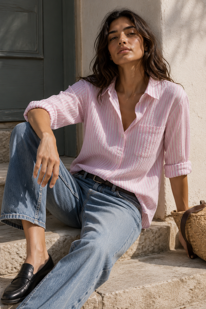 Pink Cotton Seersucker Striped Regular Fit Shirt