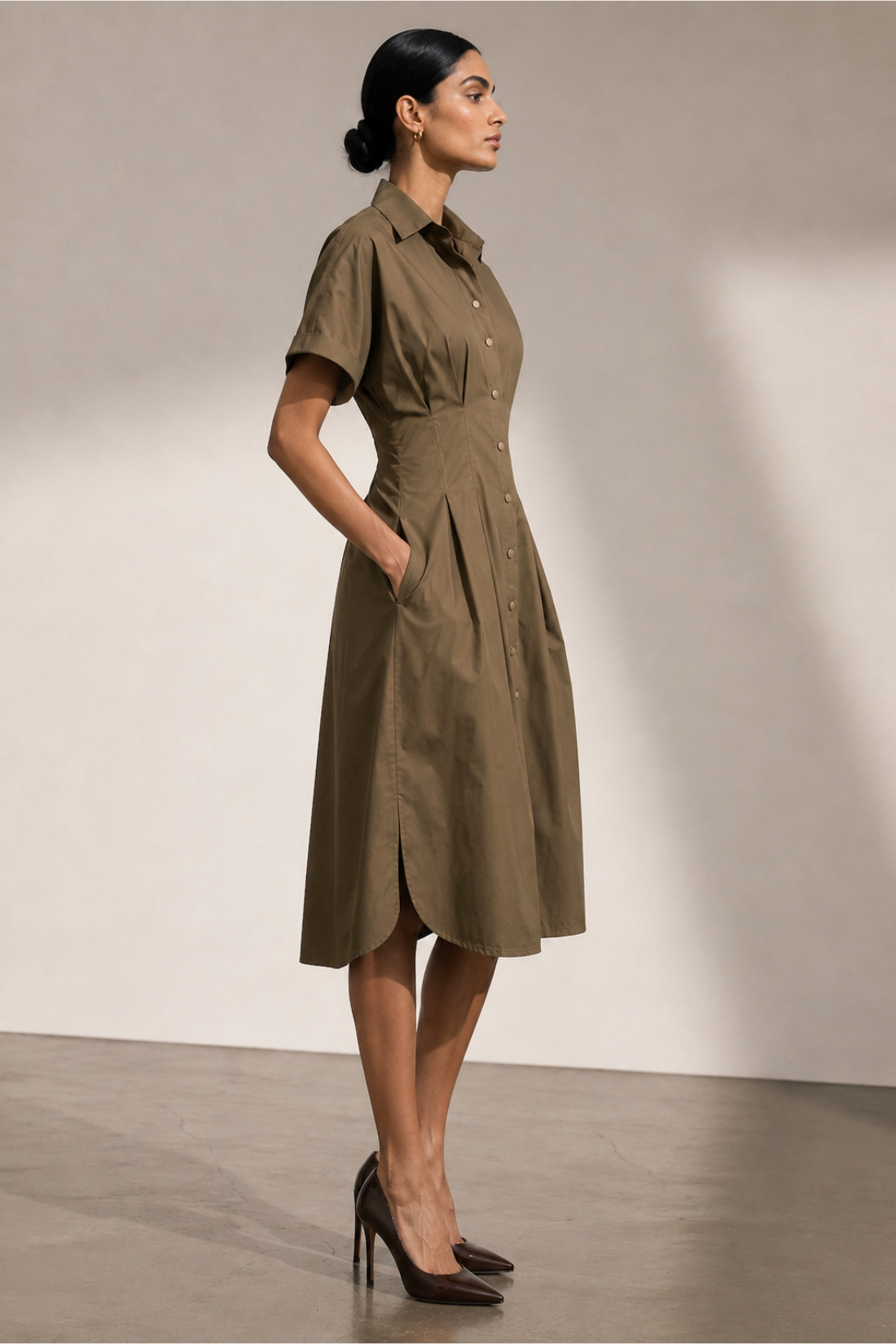 Elena Pleated Waist Midi Shirt Dress - Khaki Brown