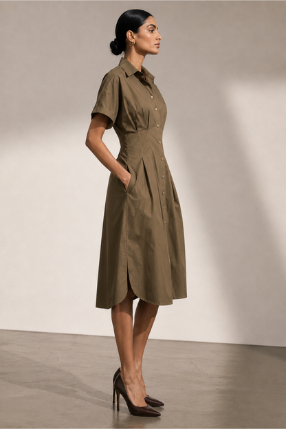 Elena Pleated Waist Midi Shirt Dress - Khaki Brown