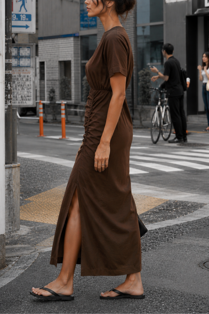 Cleo Linen Slit Dress in Espresso