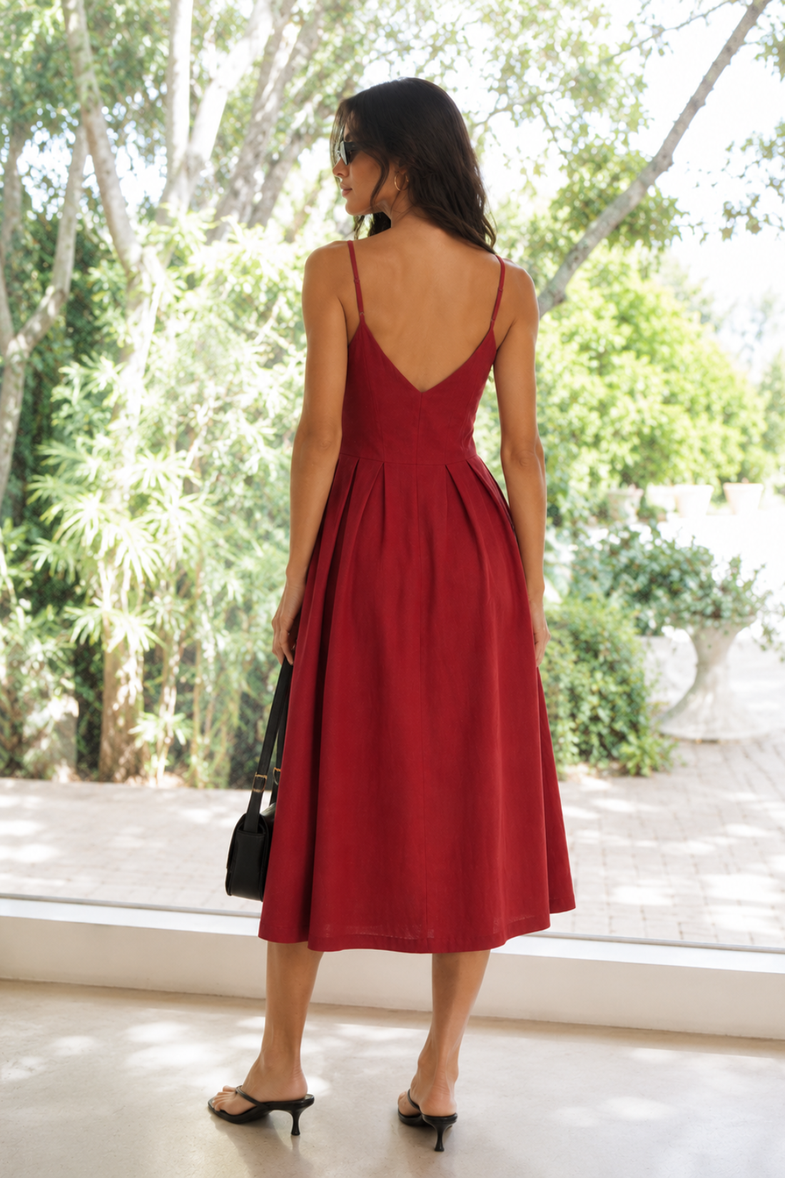 Mira Linen V-Neck Dress in Merlot