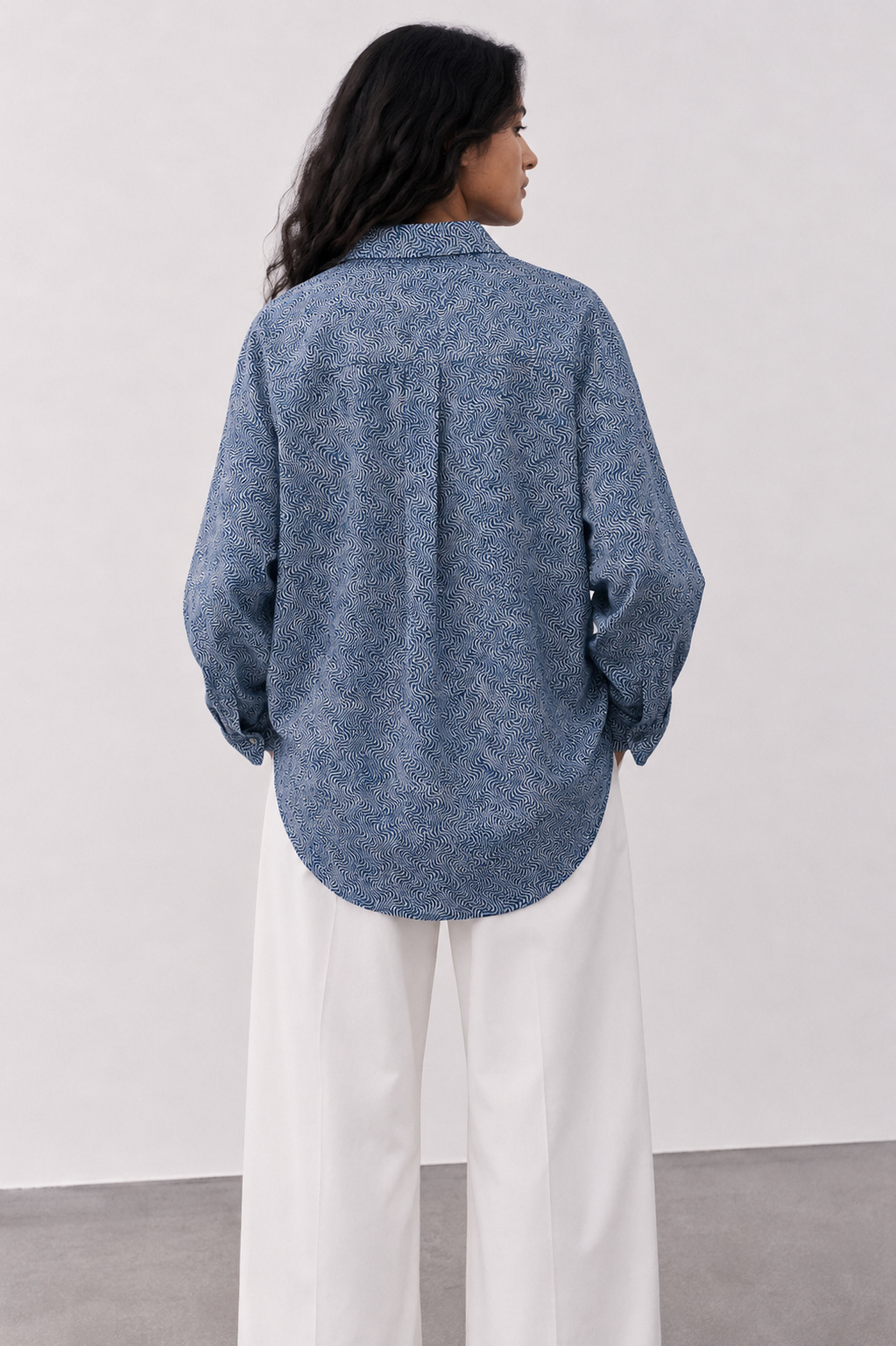 Maya Blue Wave Print Oversized Button-Down Shirt