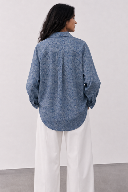 Maya Blue Wave Print Oversized Button-Down Shirt