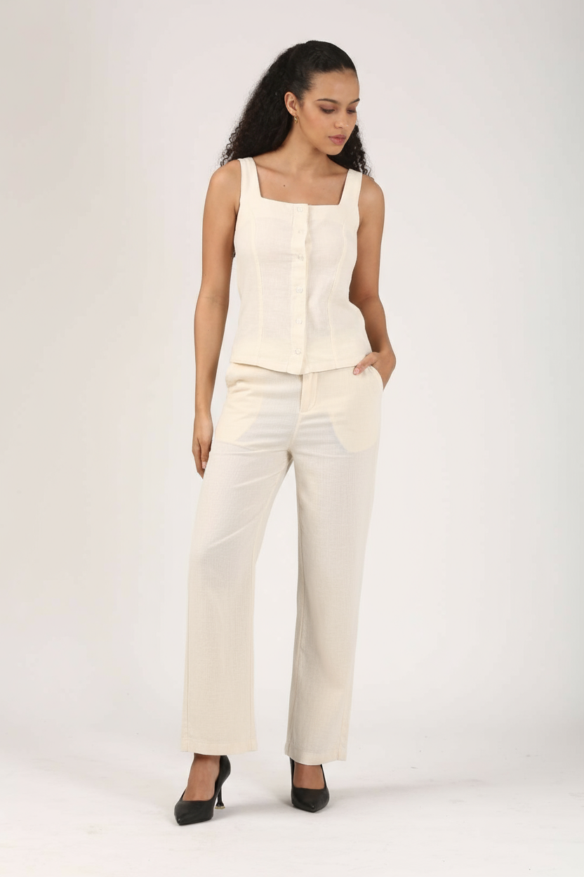 Ivory linen wide leg pant