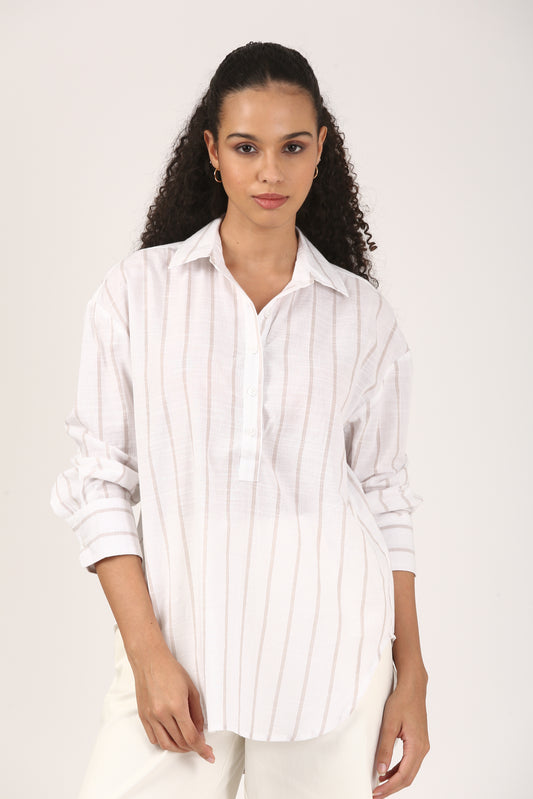 Ivory Sand Stripe Cotton Popover Shirt