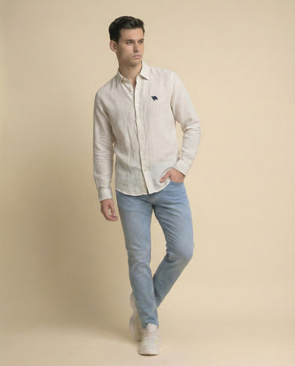 Beige Stripes Full Sleeve Linen Men's Shirt