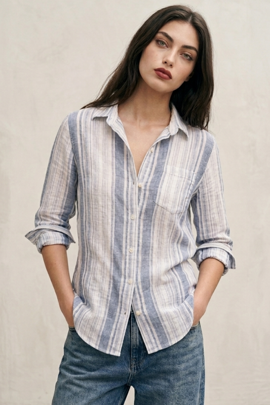 Indigo Blue & White Barcode Striped Regular Fit Long Sleeve Button Down