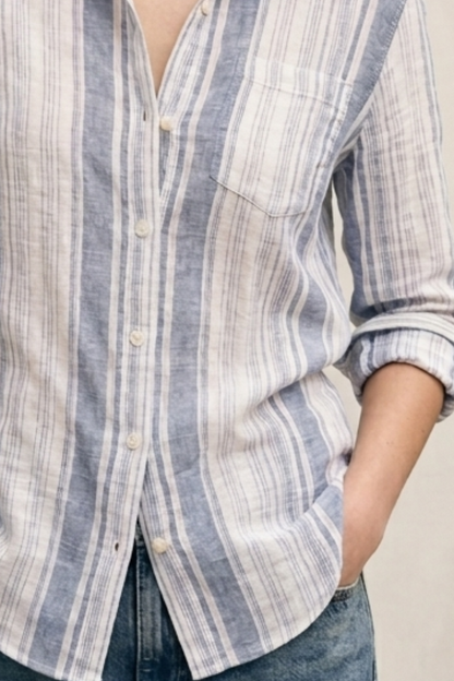 Indigo Blue & White Barcode Striped Regular Fit Long Sleeve Button Down