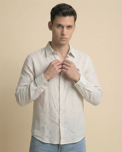 Beige Stripes Full Sleeve Linen Men's Shirt