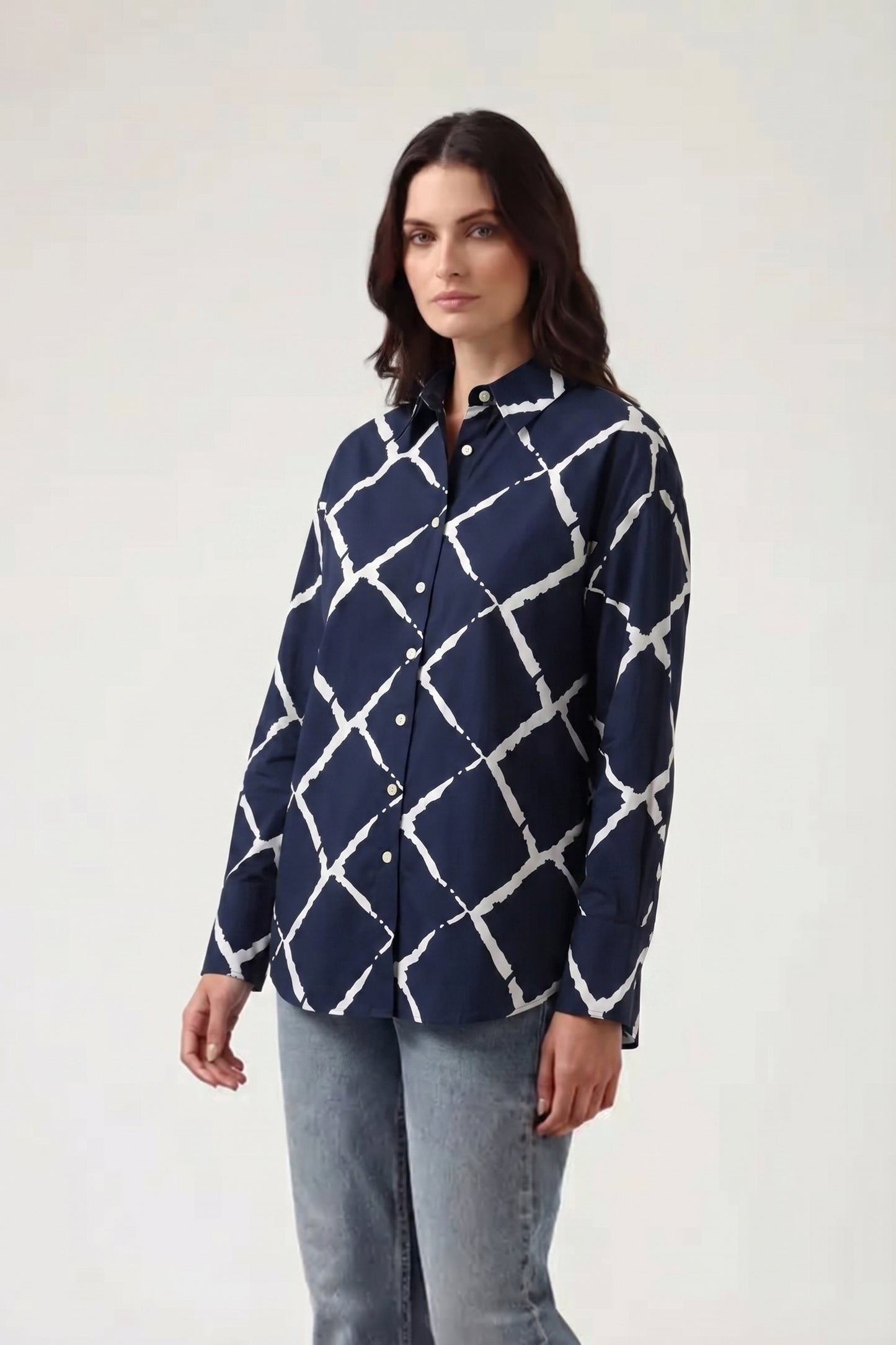 Viscose Abstract Printed Oversize Fit Neel Grid Shirt