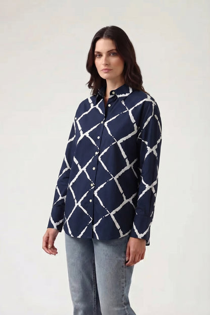 Viscose Abstract Printed Oversize Fit Neel Grid Shirt