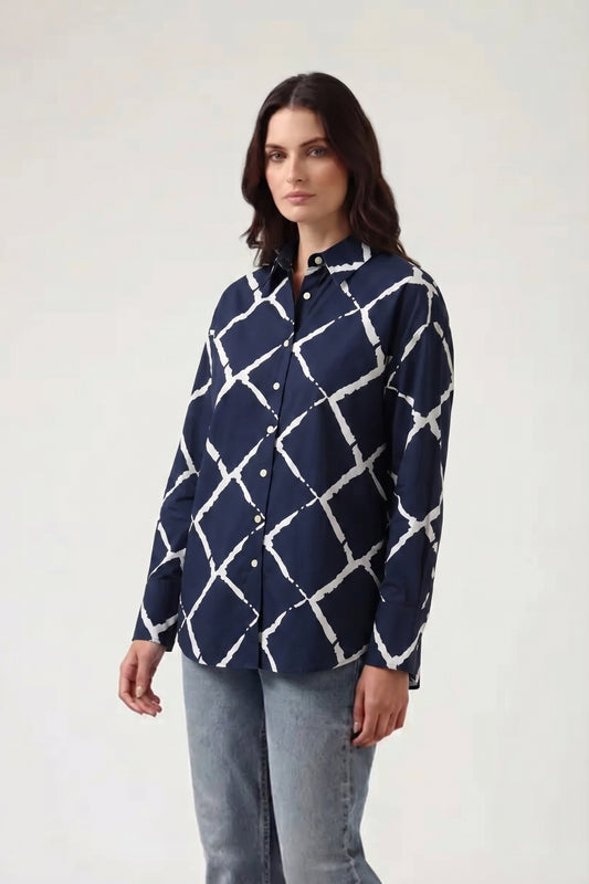 Viscose Abstract Printed Oversize Fit Neel Grid Shirt