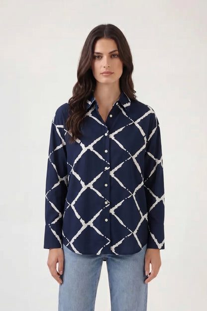 Viscose Abstract Printed Oversize Fit Neel Grid Shirt