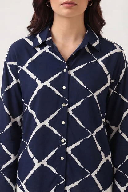 Viscose Abstract Printed Oversize Fit Neel Grid Shirt