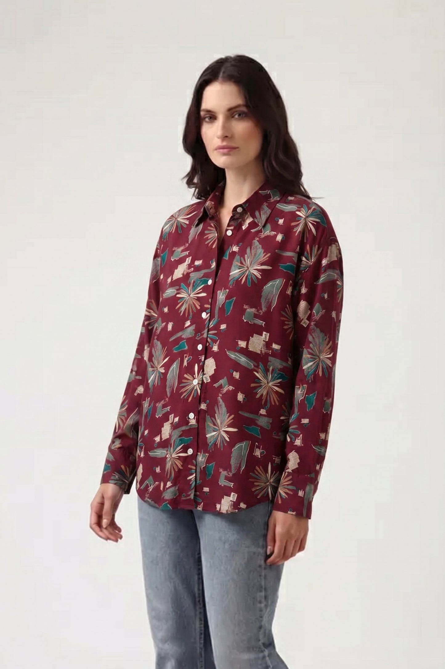 Viscose Printed Oversize Fit Rosy Shirt