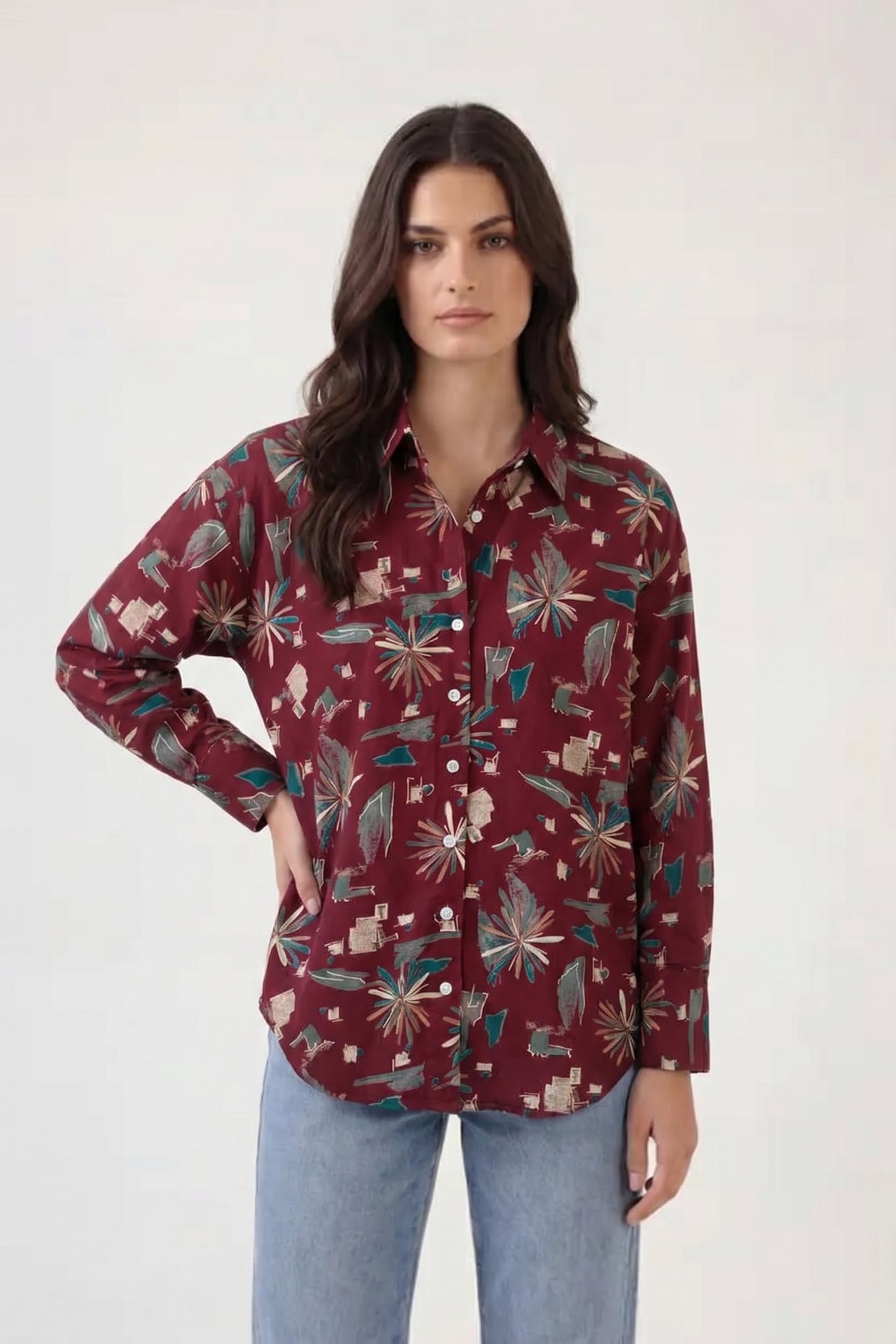 Viscose Printed Oversize Fit Rosy Shirt